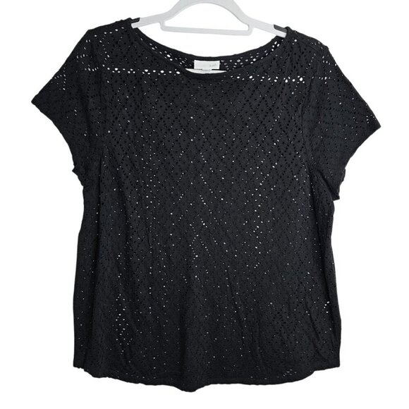 J. Jill Top Blouse Perforated Short Sleeve BLACK size L Y2K 80's Retro Edgy Dark - Picture 1 of 5